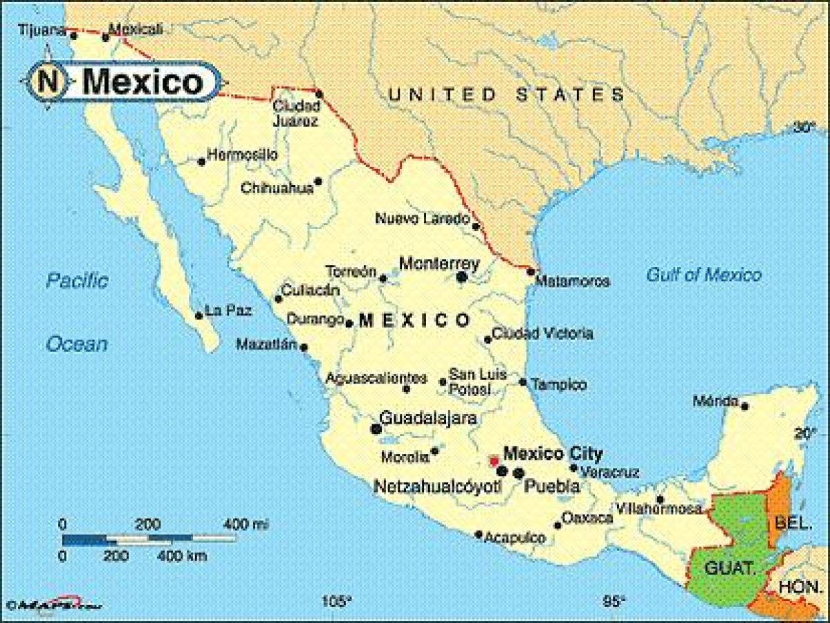 Mexiko kostaldeko hirien mapa