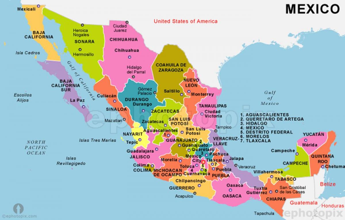 Mexikoko mapa estatu eta hiriburuen