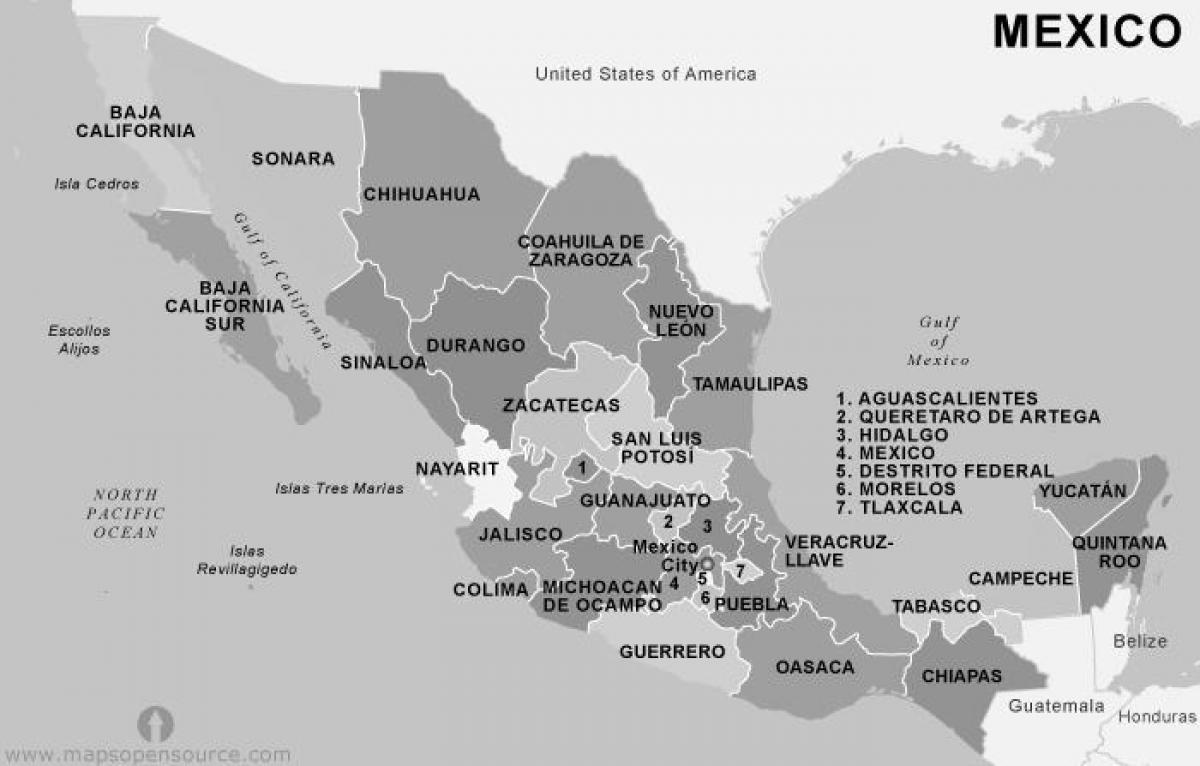 mapa Mexiko eta zuri-beltzean